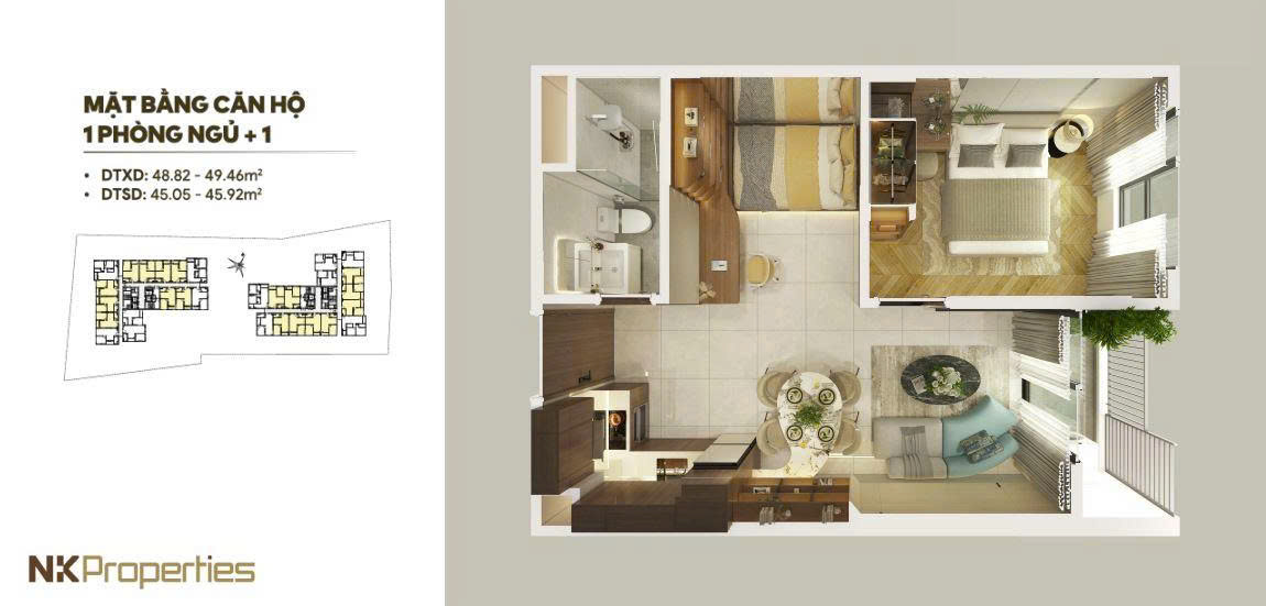 Thiết kế đa dạng giúp căn phòng có thể trở thành 1PN+ hoặc 2PN